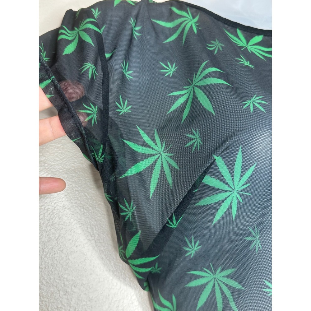 Body Rage Sheer Top‎ Black Green Marijuana Leaf Print Crop Top Large Festival - Picture 4 of 5